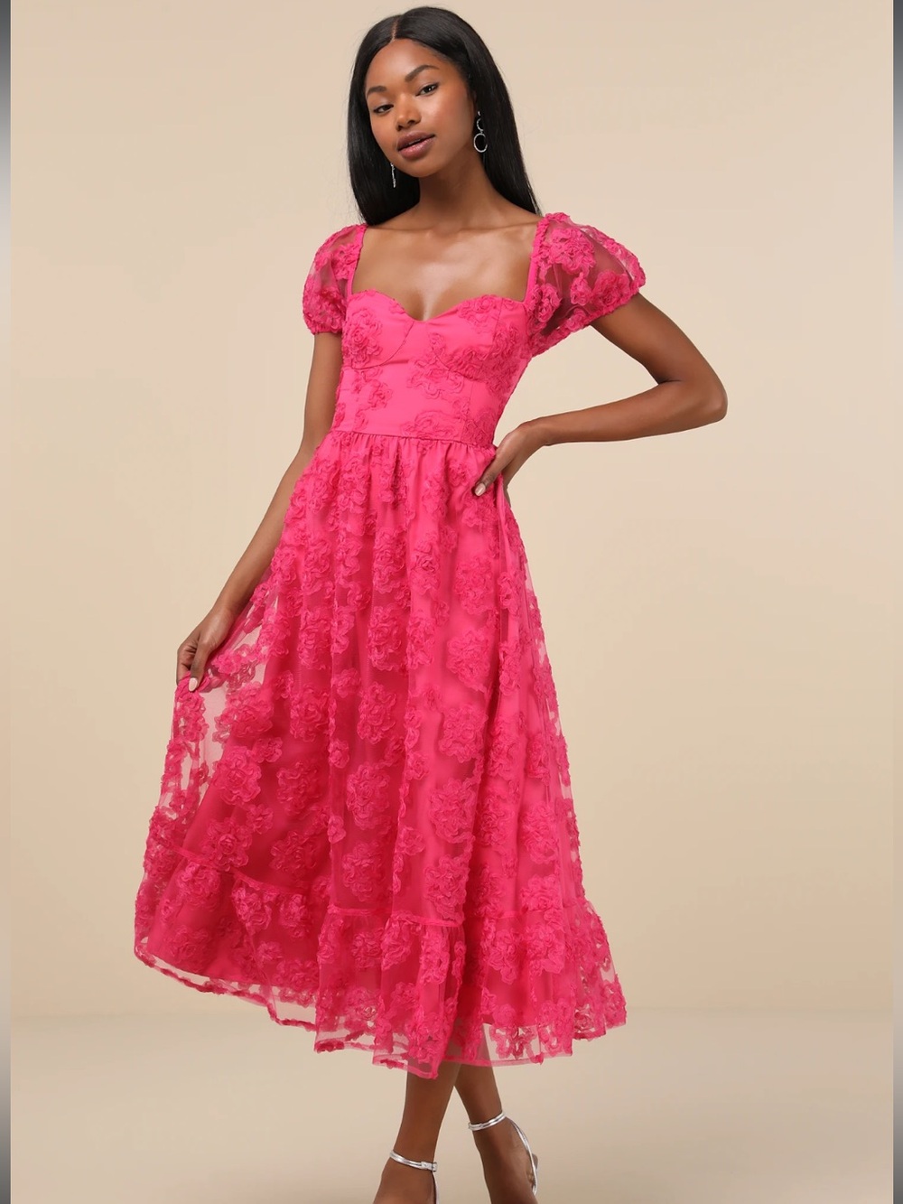 Lulus Notable Elegance Fuschia Mesh Floral Appliqué Bustier Midi Dress